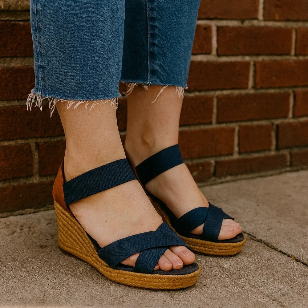 Tory Burch Frieda Espadrille Wedge‎ Sandals Womens 8.5B Navy Blue Strappy Beachy